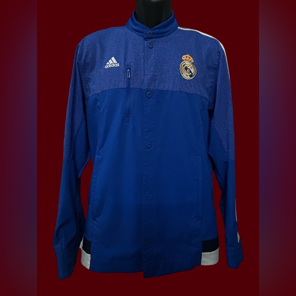 ADIDAS , REAL MADRID, BLUE BUTTON UP , SIZE LARGE.